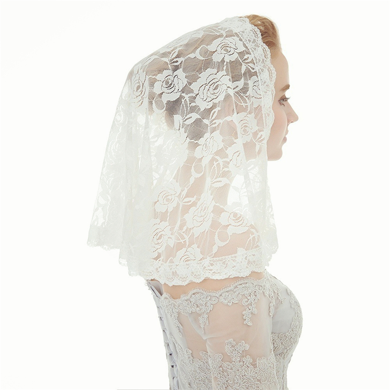 Kort hvid sort muslin bryllup blondeslør katolsk kirke blondeslør mantilla blusher slør  b40: Beige