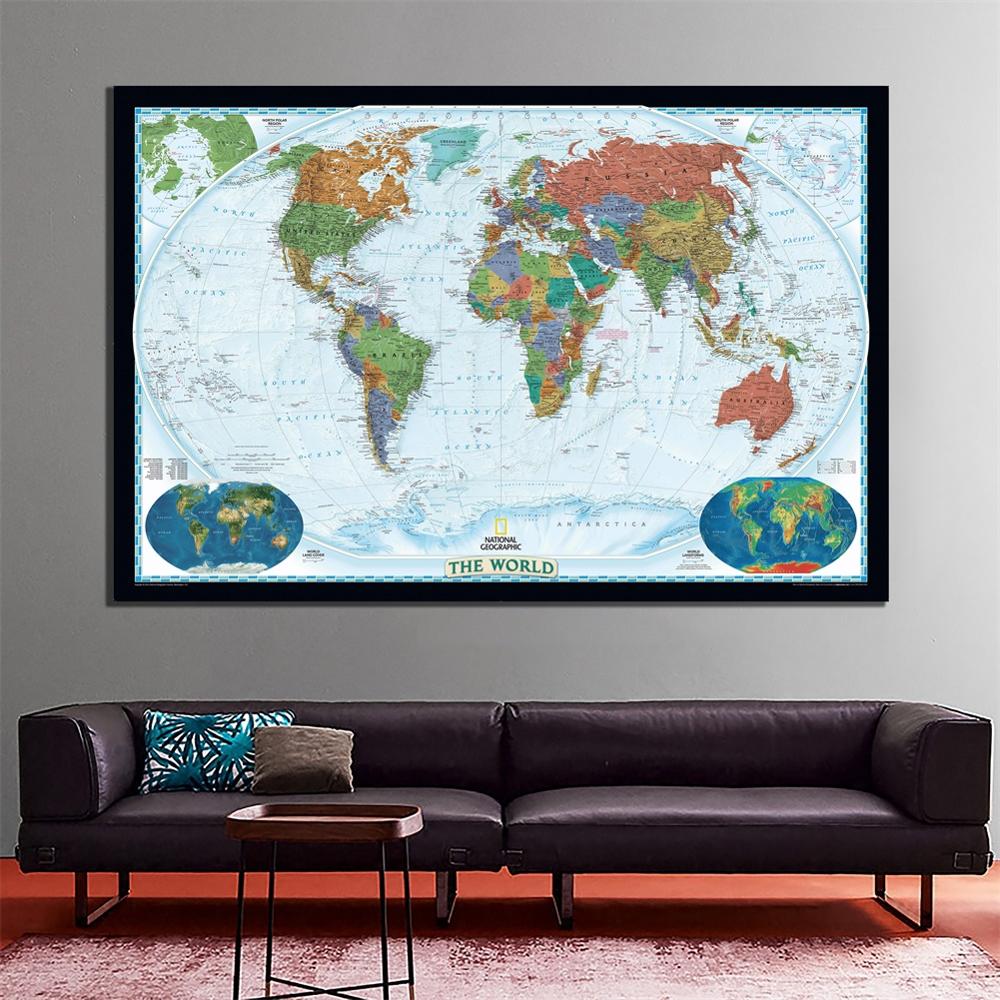 Verdens Fysisk Kart 60x90cm - HD Lerretsmaling med Landformer og Dekke - Læring og Utdanning Veggdekor