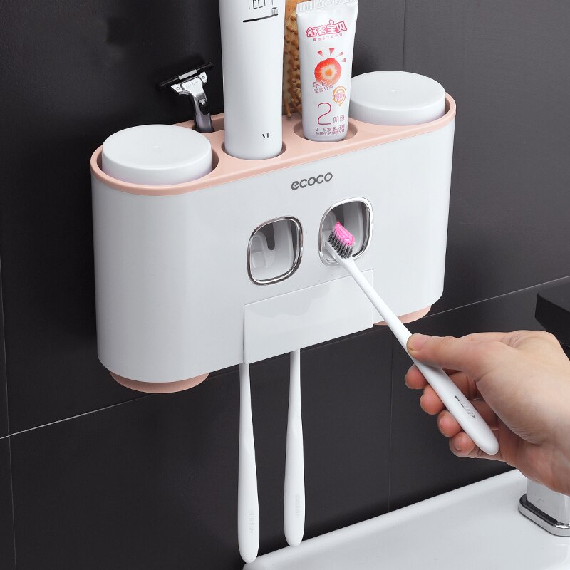 Automatisk tandpasta dispenser støvtæt tandbørsteholder med kopper ingen negle vægstand hylde badeværelse tilbehør sæt: Lyserød