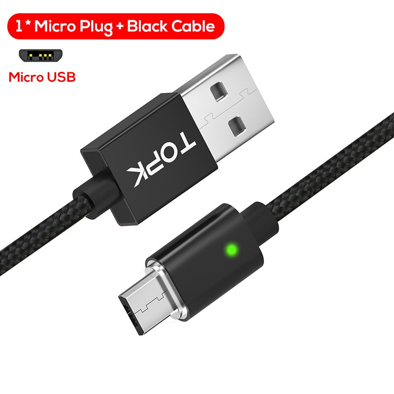 Topk f-line magnetisk mikro usb kabel & usb typ c kabel data sync nylon flätad led indikator magnet laddar kabel usb c: Svart mikrokabel / 2m