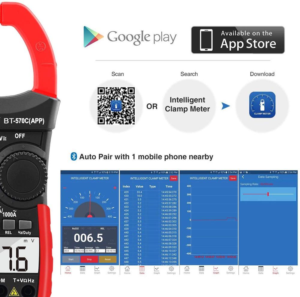 Btmeter Digitale Multimeter,Auto-Range App Bluetooth Amp Meter, Weerstand, Temperatuur, data Hold Voor Elektrische Hvac Ampèremeter