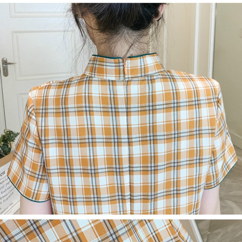 Plus Size M-4XL Yellow Check Loose Modern Cheongsam Dress Women Short Sleeve Qipao Traditional Chinese Clothes