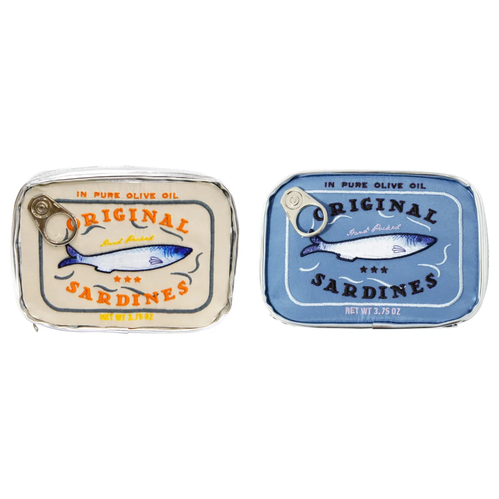 Bolsa de cosméticos bonita con forma de latas de sardinas, paquetes divertidos, bolsa de aseo portátil creativa, bolsas de maquillaje pequeñas y suaves con cremallera a la: Azul cielo