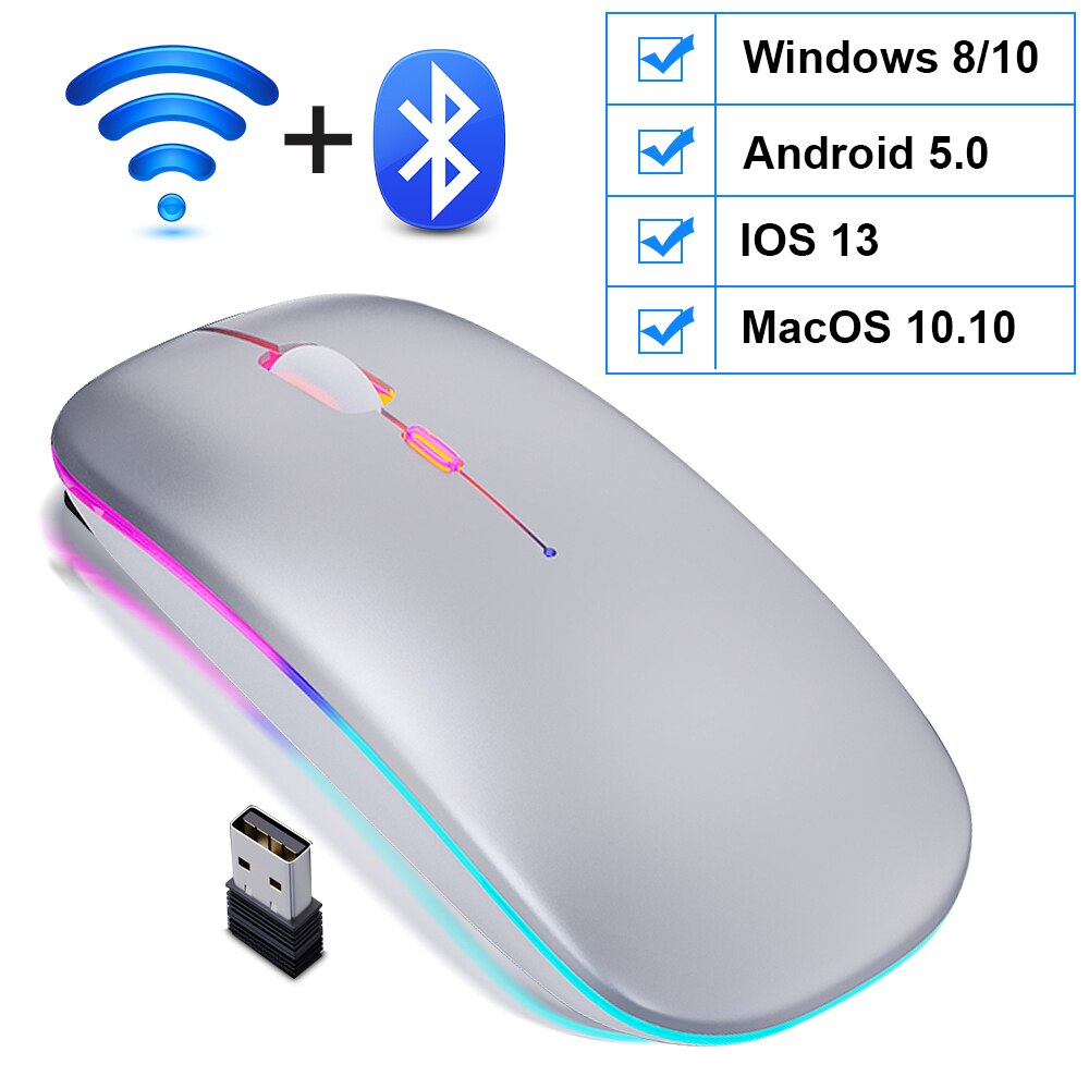Draadloze Muis Bluetooth Muis Draadloze Computer Muis Rgb Oplaadbare Ergonomische Led Backlit Mause Stille Muizen Voor Laptop Pc: Bluetooth Silver B