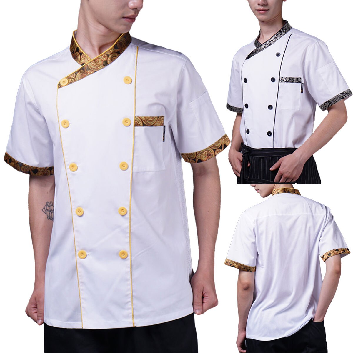 Chef Jacket Men Chef Coat Flower Print Collar Short Sleeve Chef Uniform Double Breasted Restaurant Kitchen Working Jacket