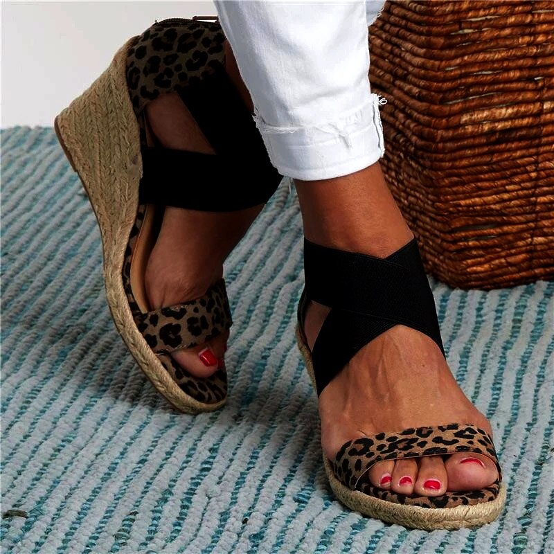 Women Wedges Sandal Leopard Cross Tie Snakeskin Ladies Open Toe Zipper Female Beach Soft Shoes Hemp Bottom Summer Plus Size