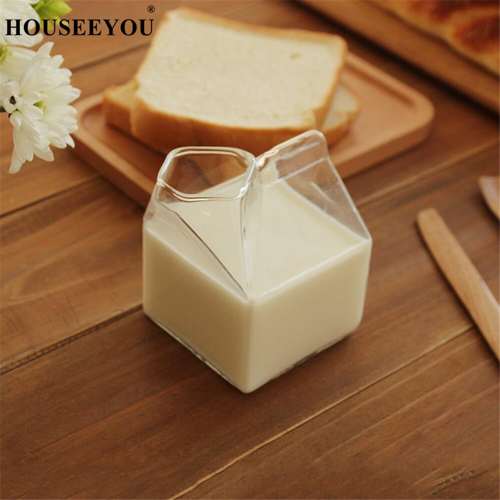HOUSEEYOU 350ML Milk Box Shaped Glass Cup Coffee Cups Mug Juice Drinking Bottle Clear Glass Home Bar Restaurant Tools