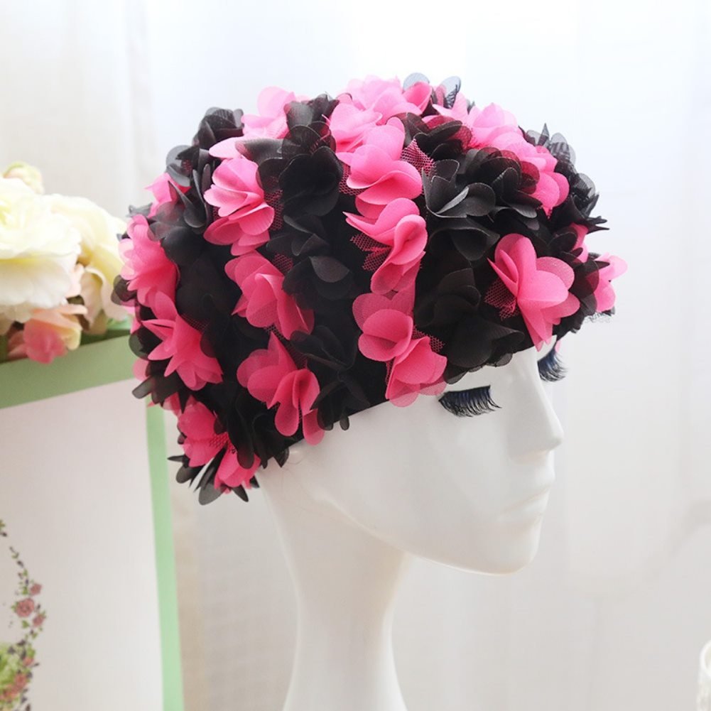Gorro de natación de flores para mujer, cómodo gorro de piscina transpirable, pétalos tridimensionales elásticos, diadema de pelo largo con forro grande