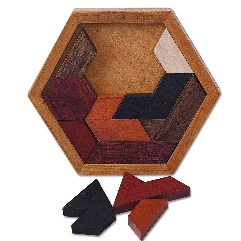 Classic hexagonal tangram puzzle made of wood, brain teasers for children, logic puzzles, casse tete rompecabezas de madera