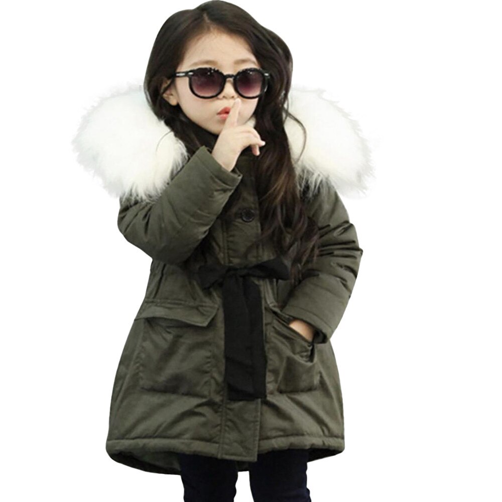 Toddler Girl Winter Clothes Pocket Baby Girl Fur Hooded Tops Solid Padded Coat Kids Long Thicken Warm Jacket Зимний Комбинезон Д: Army Green / 4T