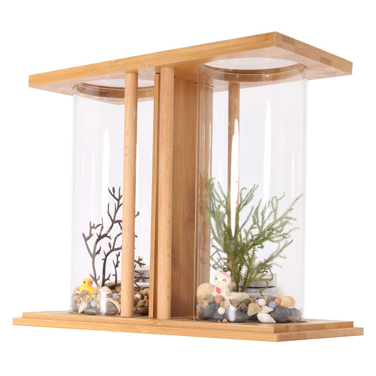 Mini acuario de bambú Mini claro doble cristal planta pecera iluminación LED peces de escritorio paisaje decoraciones de acuario accesorio