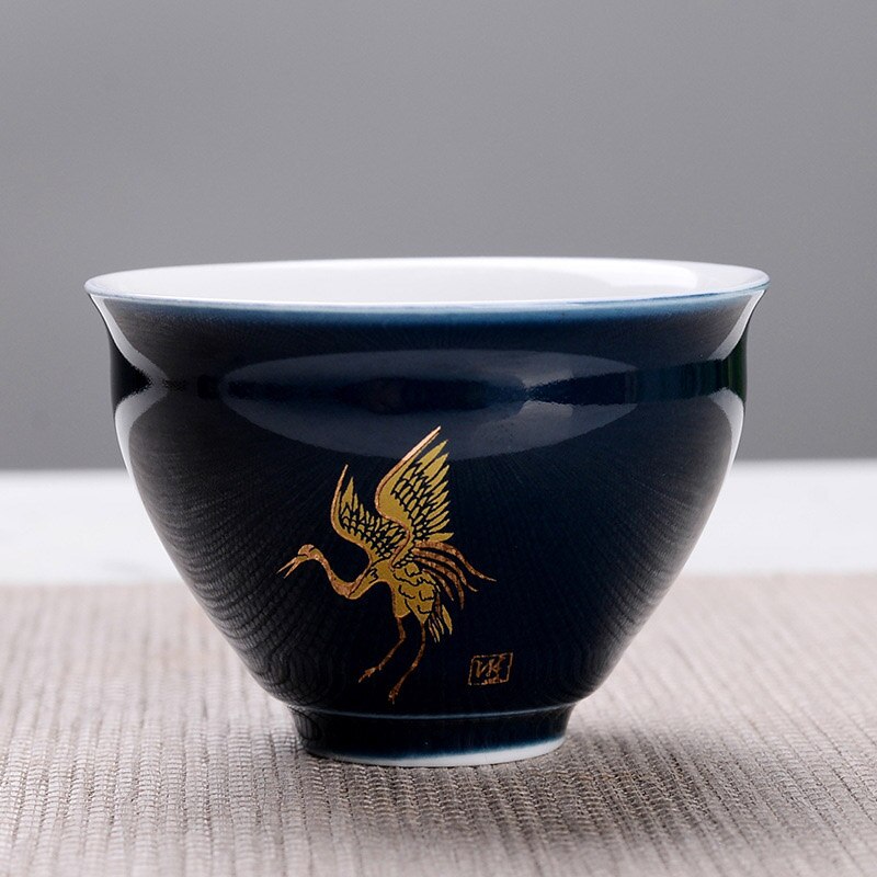 Indigo glasyr keramisk tekopp, målad gyllene kranmönster resor teskål kinesisk porslin tekopp set kung fu tekopp 75ml: 04