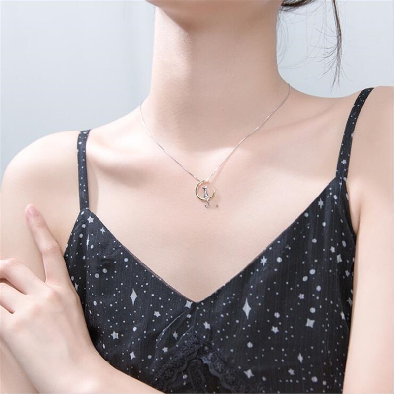 Animal 925 Sterling Silver Jewelry Korean Cute Cat Crescent Moon High Personality Pendant Necklaces H192