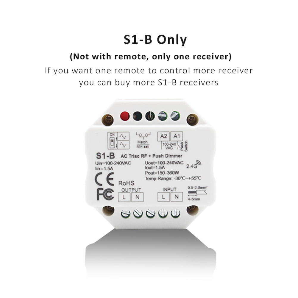 MJJC – variateur LED S1-B, 220/230/110V, PWM, 2.4G, RF, télécommande, interrupteur, 220V AC, Triac, pour ampoule LED: 1x S1-B Only