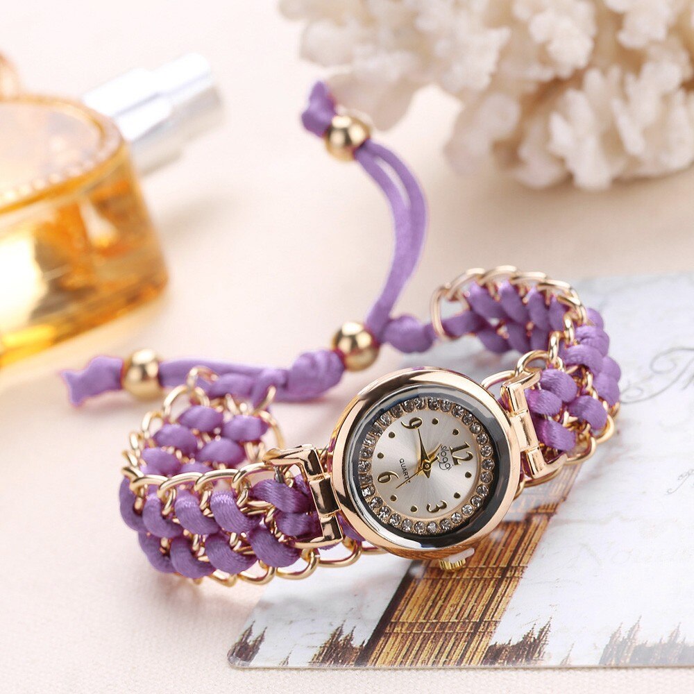 Women Knitting Rope Chain Winding Analog Quartz Movement Wrist Watch Compact Round Woven Wrist Clock Zegarek Damski: Purple