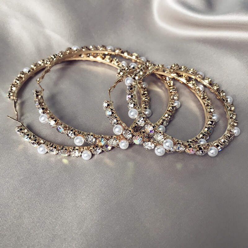 Glass Rhinestone With Pearls Hoop Earrings For Women Jewelry Maxi Lady Statement Earrings Accessories