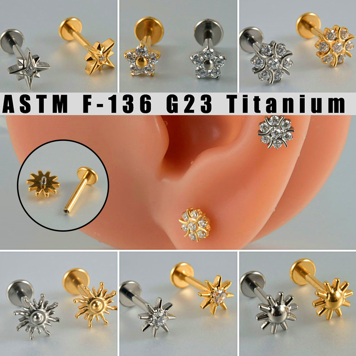 Pendientes de circonita para cartílago de titanio G23, forma redonda de sol, hélice con rosca interna Cz, joyería para Piercing en la oreja, Tragus, Labret, 1 ud.