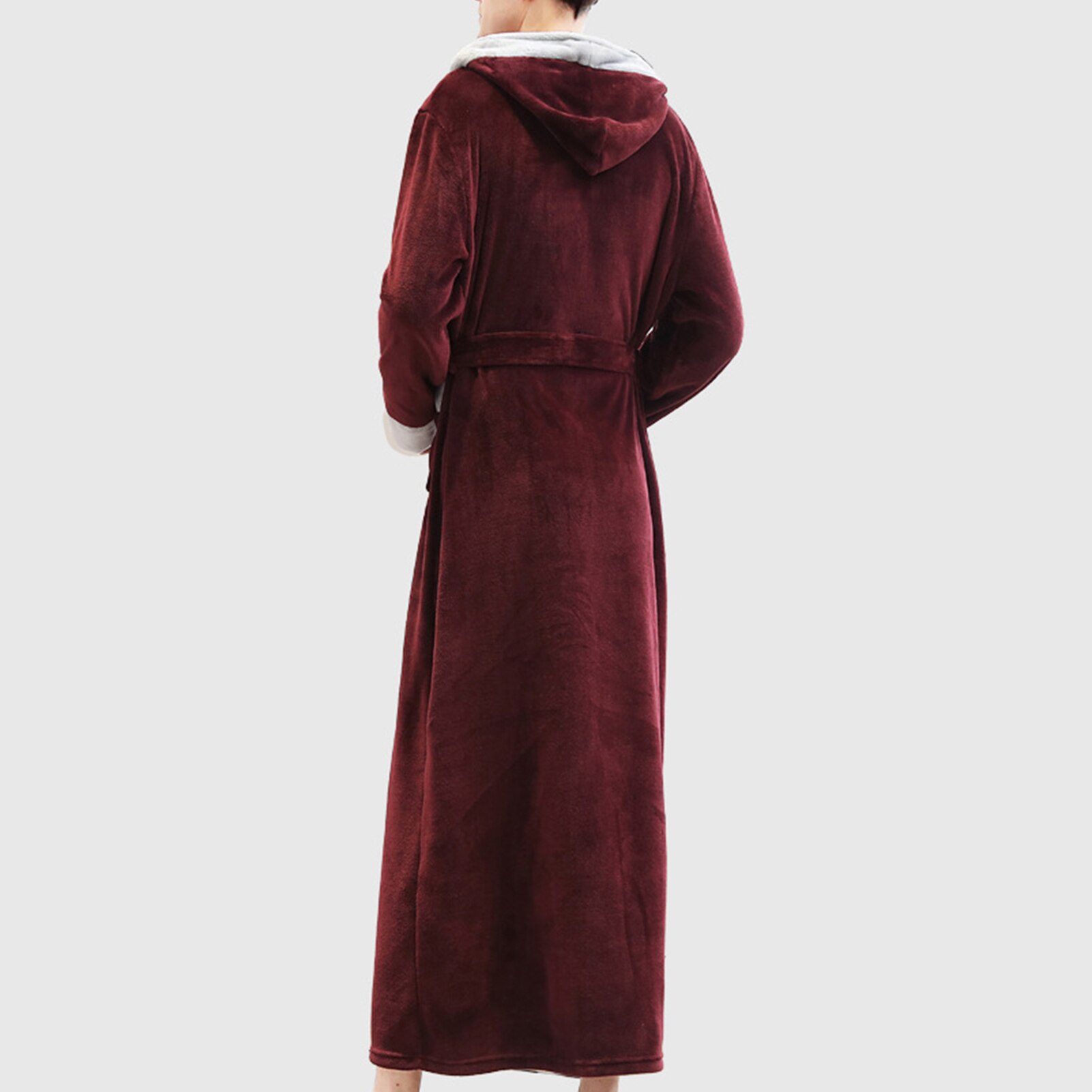 Men Autumn Winter Flannel Long Sleeve Maxi Bathrobe Pockets Hooded Sleepwear