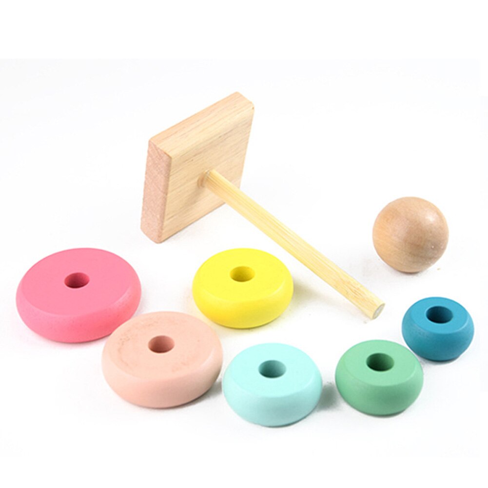 Kids Toddler Puzzle Toy Rainbow Color Wooden Color Number Cognition Ring Tower Stacker