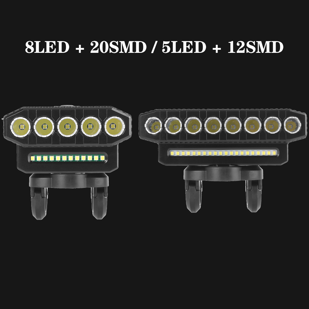 Fahrradbeleuchtung, 8/5 LEDs, 20/12 SMD, wiederaufladbar, wasserdicht, 6 Modi, Beleuchtung, LED-Scheinwerfer, tragbar, universelle Motorradscheinwerfer