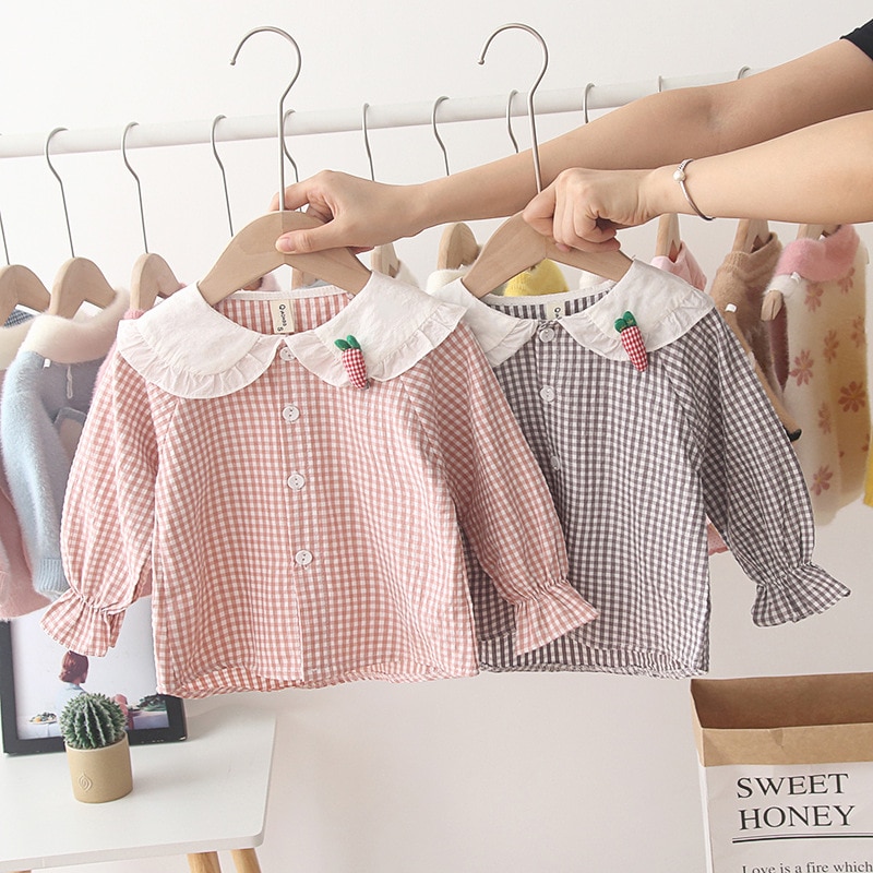 Otoño bebé niñas manga larga dibujos animados conejo solapa Collar Plaid blusa Tops niños camisas rupas de bebe