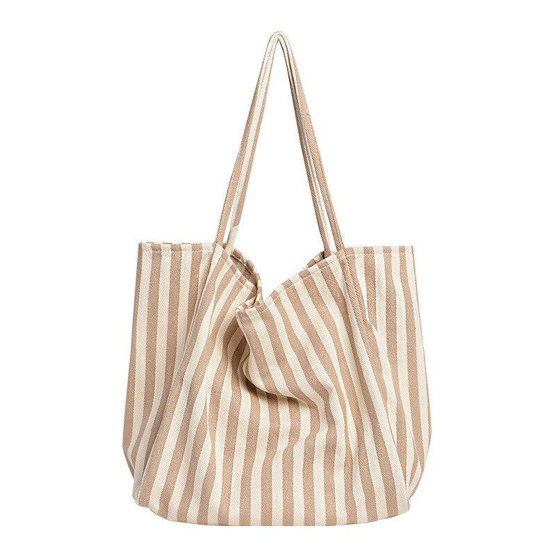 Large Capacity Canvas Women's Bag Retro Simple Striped Women's Shoulder Bag Multifunctional Casual Open Tote Shopping Bag: Thin strips-Apricot