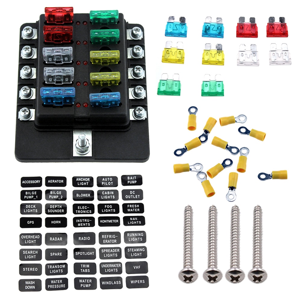 10 st bilbåt marin husvagn lastbil säkringar+terminaler 10- vägs blad säkringsbox hållare säkringsblock med röd led-indikator 12v 24v