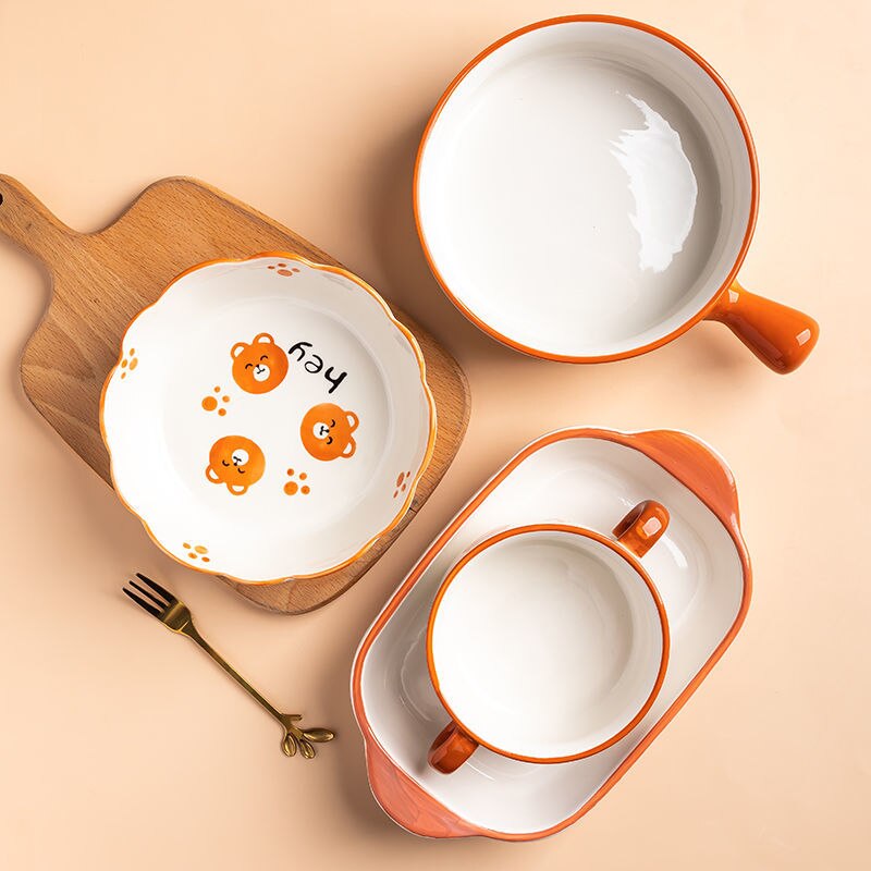 Cute Bear Bowl Plate Ceramic Household Oven Baking Bowl Baked Rice Plate Fruit Bowl Cartoon Tableware Set