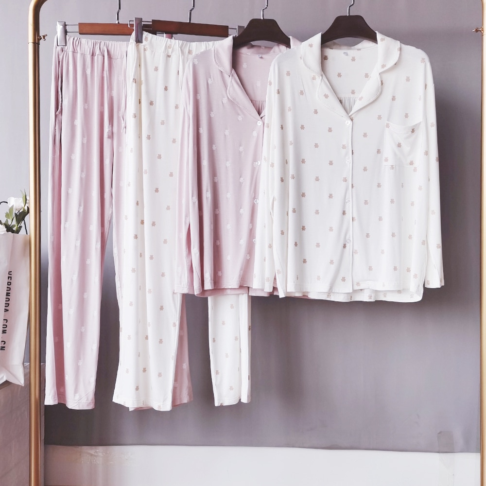 Pyjamaset Dames - Lange Mouw & Broek - Katoen met Berenprint - Omvouwbare Kraag