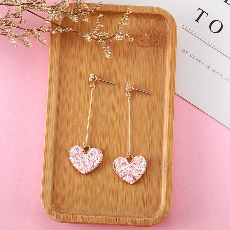 Korean Sweet Romantic Girl Pink Sequin Love Long Exquisite Pendant Earrings Temperament Wild Bride Earrings