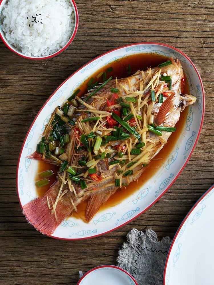 Ceramic Steamed fish plate 8/10/12inch round oval dish with disc clamp heat resisitant procelain tableware dinner set