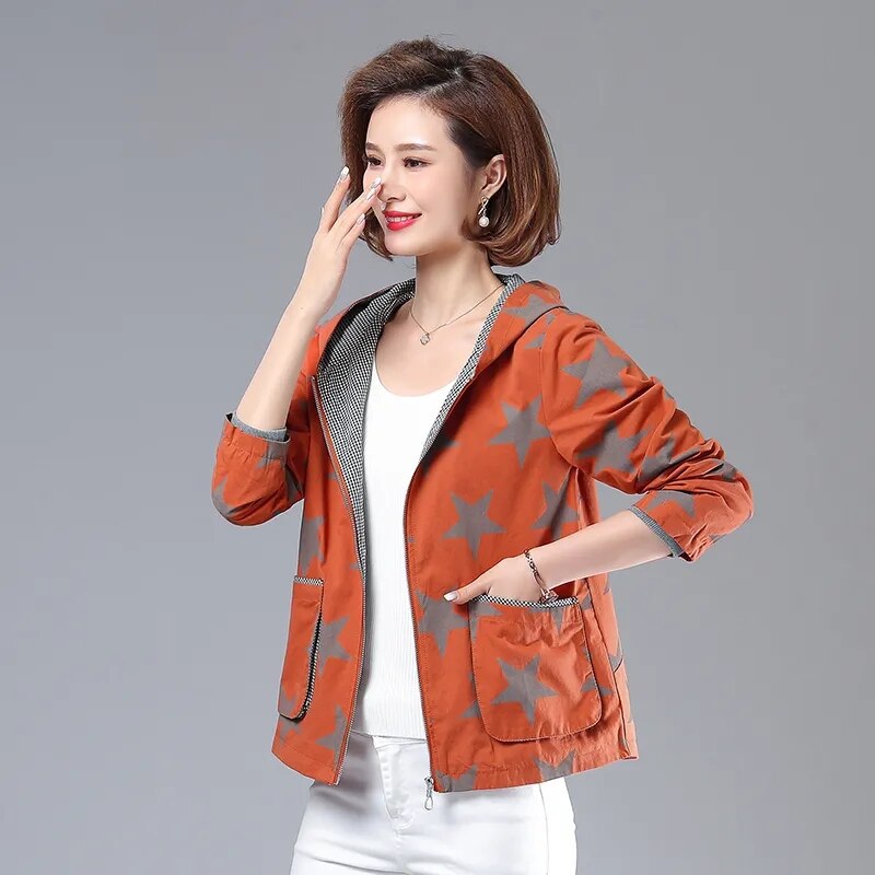 Outerwear Coat Jacket Spring Autumn Jackets Casual Women Trench Coats Star Print Splicing Hooded Coat Streetwear Windbreaker