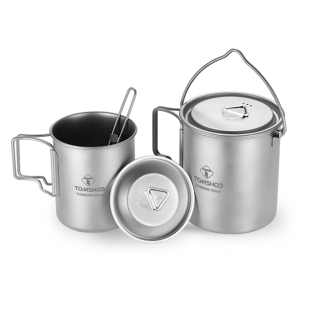 Tomshoo 3Pcs Titanium Pot Water Mok Cup Set Lichtgewicht Mok Outdoor Camping Pot Picknick Hang Pot Koken Potten Met vouwen Spork