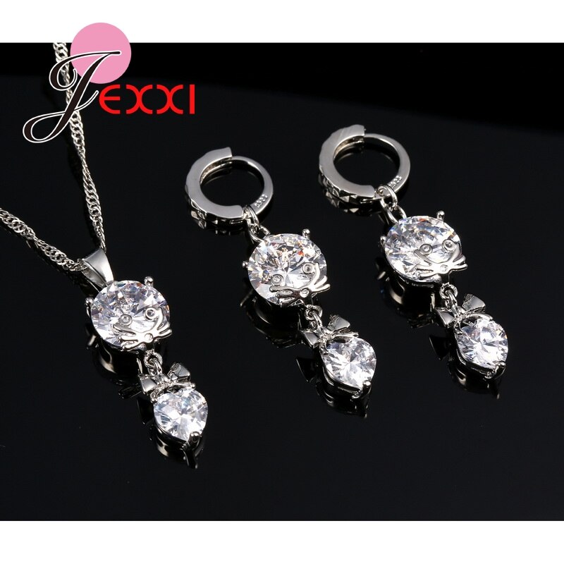 Mignon dessin animé chat CZ cristal collier pendentif goutte boucles d'oreilles à la 925 en argent Sterling amour coeur femmes bijoux ensembles