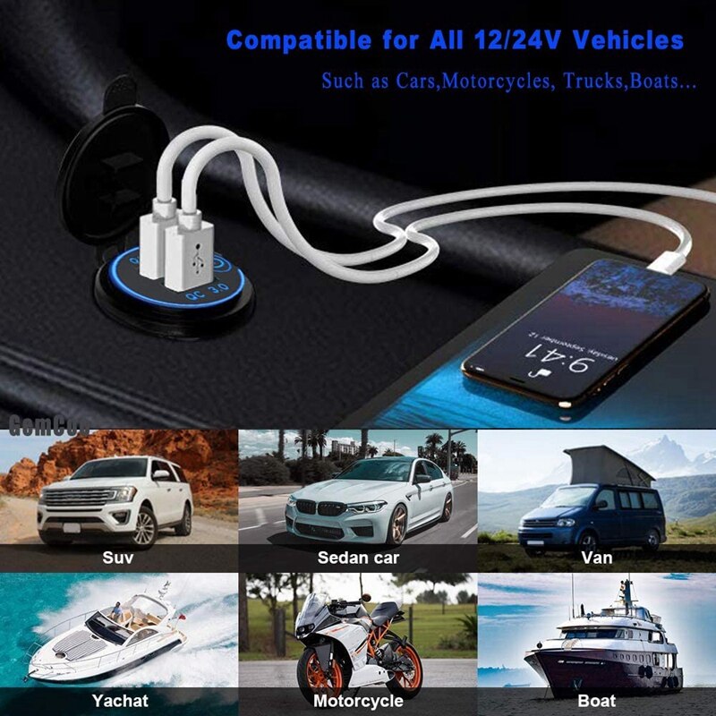 Quick Charge 3.0 Dual USB Car Charger 12V 36W USB Fast Charger with Switch for Boat Motorcycle Truck Golf Cart