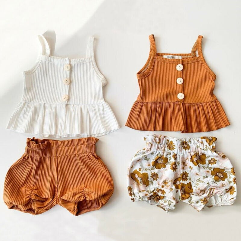 Pudcoco 2Pcs Kids Baby Meisje Kleding Mouwloze Knop Ruches Tops Jurk Bloem Shorts Broek Outfit Zomer