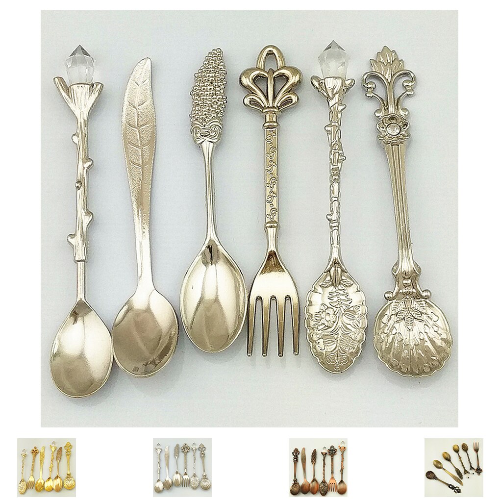 Estilo real clásico 6 uds bronce tallado respetuoso del medio ambiente pequeño té y café cucharas tenedor alimentos mezcla exclusiva