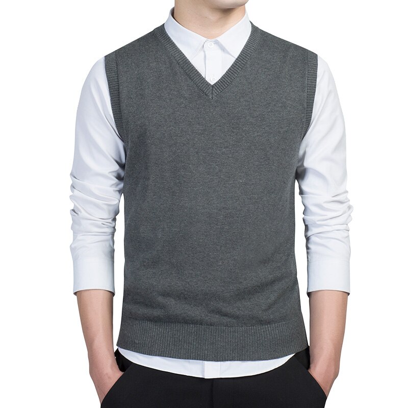 100%  bomullsgenser herre høstvarme herregensere klassisk ren farge v-hals ermeløs vest pull homme vinter herreklær 3xl: Mørk grå / Xxl