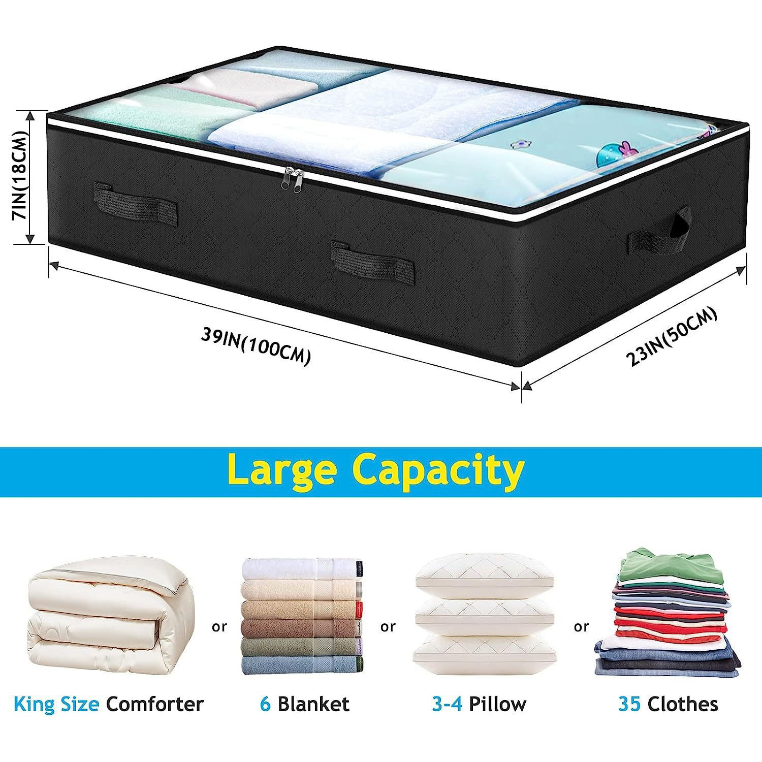 90L Sturdy Under Bed Storage Containers Organizer Large Capacity Clothes Bins and Bedroom Foldable Storage Bag with Clear Window