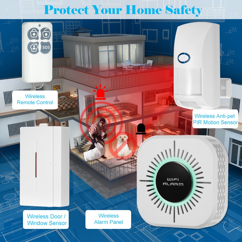 WiFi Home Security Intelligent Burglar Alarm System Siren Window Door Sensors Motion Alarm with Remote Control Autodial Siren