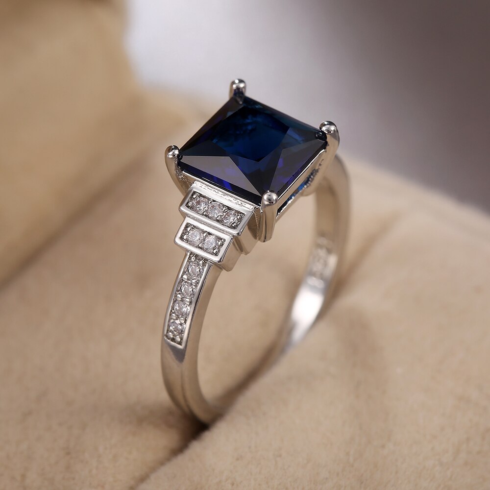 Huitan Noble Blue Princess Cut Women Rings Lady Wedding Engagement Party Ring Jewelry Anniversary for Lover