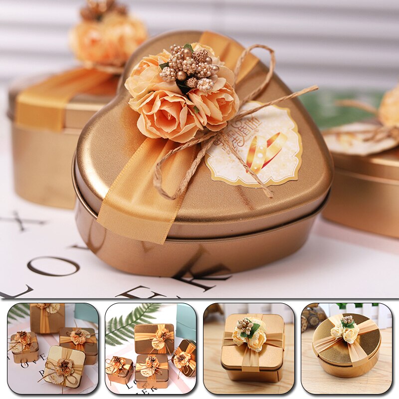 Luxury Gold Round Shape Tinplate Wedding Candy Box With Berry Flower Ribbon Metal Small Party Favors Chocolate Boxes
