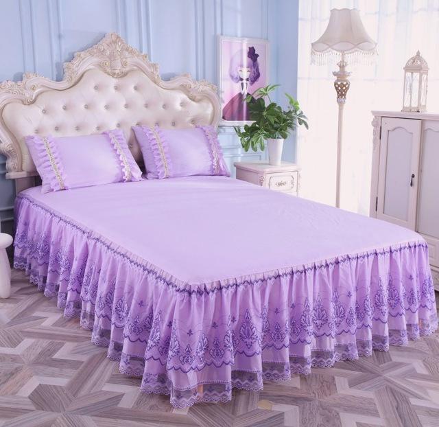 46 Romantic Bloom Pattern Solid Color Bed Skirt Non-slip Dust Ruffle Queen Size Bedspread Bed Skirt #/L: -LD-1805-4 / 200x220cm