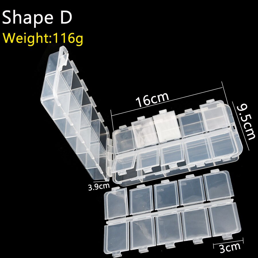 fishing lure box 20 cells, two levels 16cm*9.5cm*3.9cm with Transparent Visible Strength Plastic Lure Fishing Tackle Bait Box: ShapeD