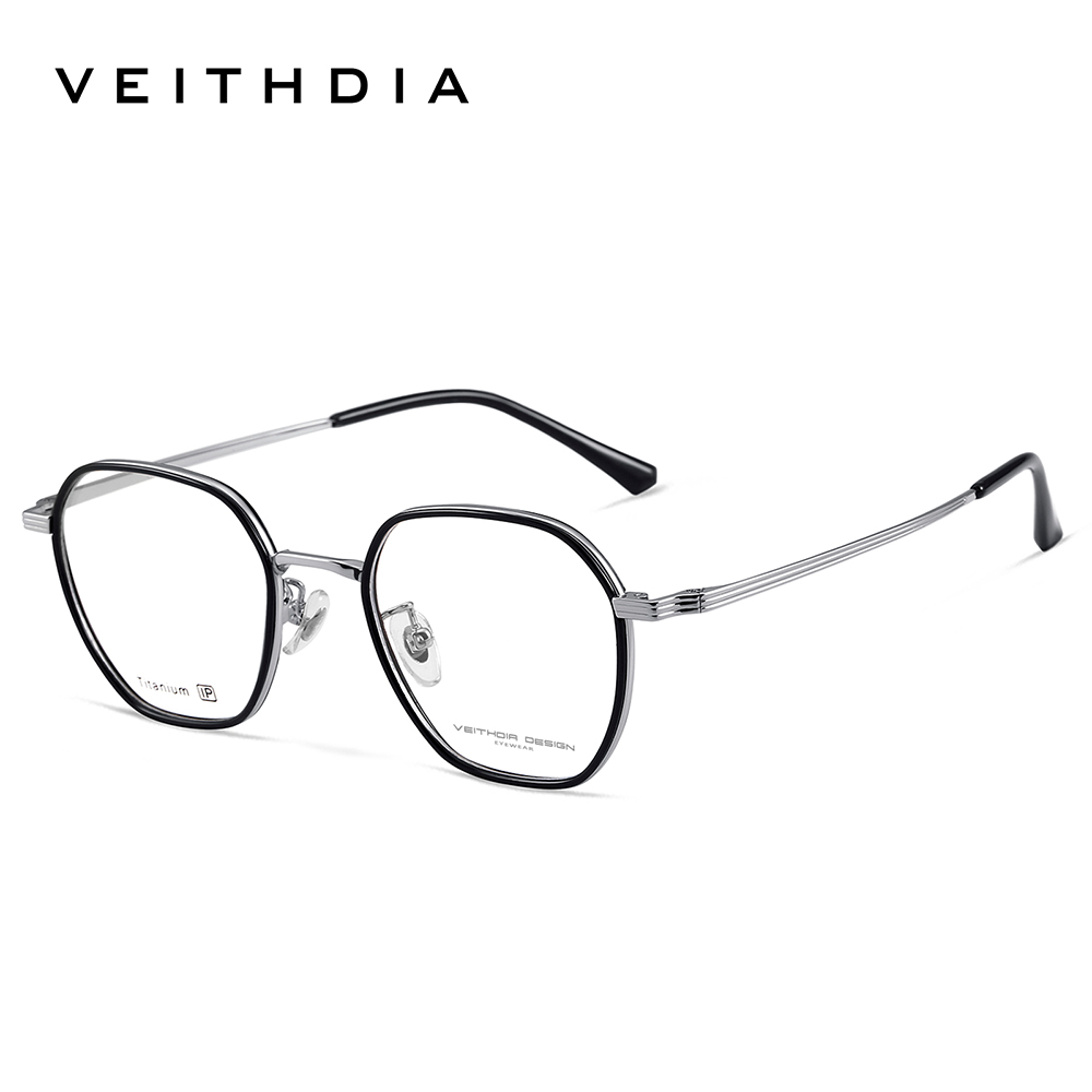 Veithdia-briller optiske titanbriller med +tr90 innfatninger, tilpassbare styrkeglass, menn og kvinner, nærsynthet, databriller med  v5037 innfatninger: Sølv