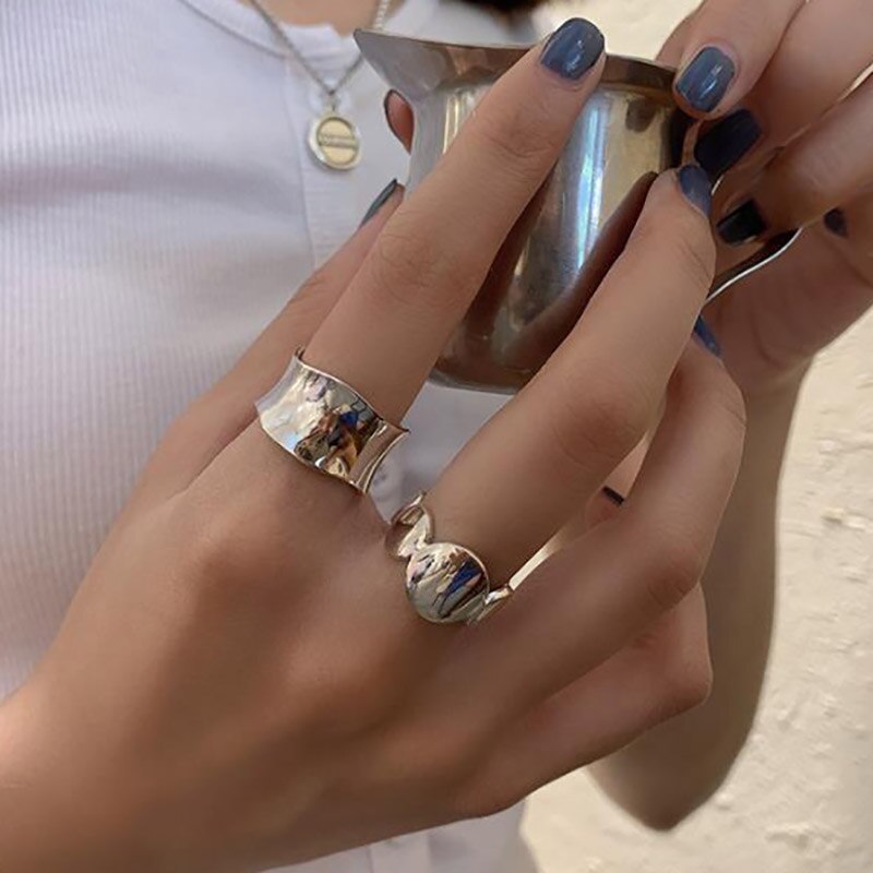Foxanry 925 Sterling Silver Party Rings for Women Vintage Handmade Irregular Wave Geometric Thai Silver Jewelry