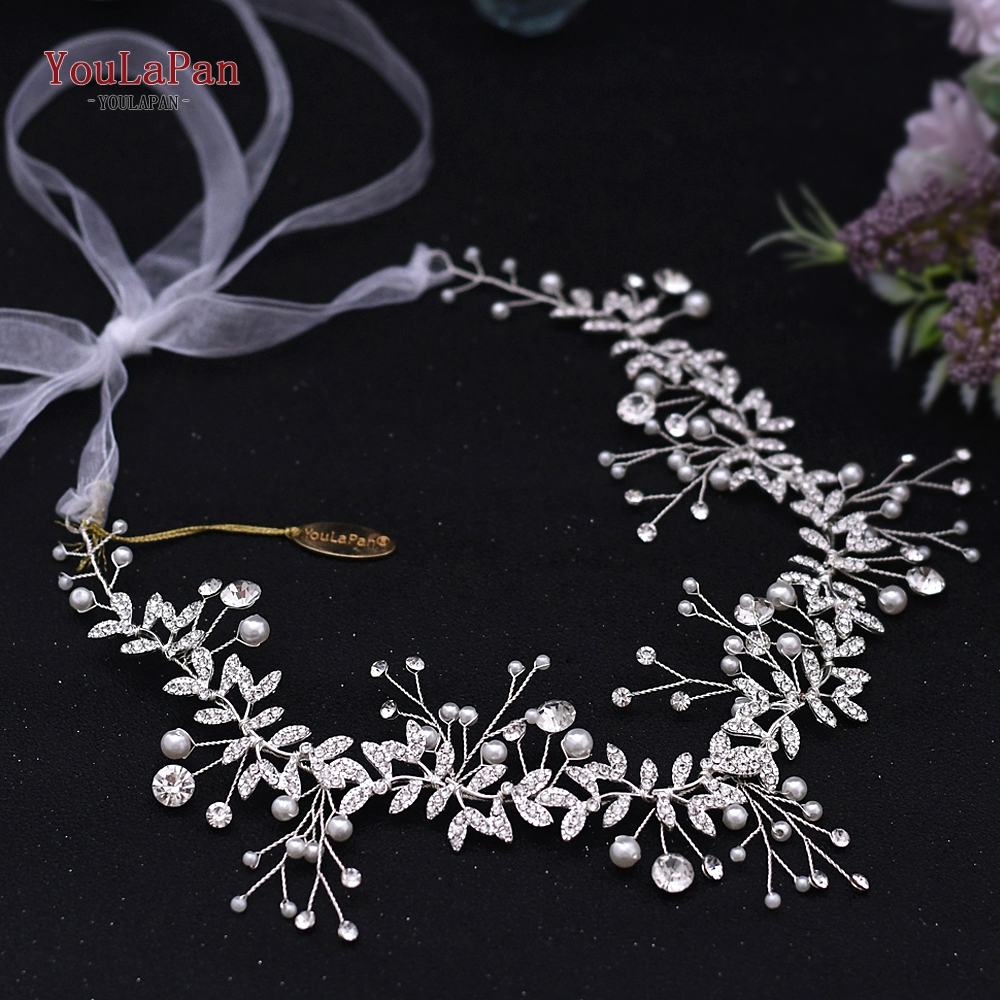YouLaPan HP233 Wedding Rhinestone Headpieces Bride Hair Accessories Alloy Leaf Wedding Hair Vines Headband Wedding Hair Pieces: S-white organza