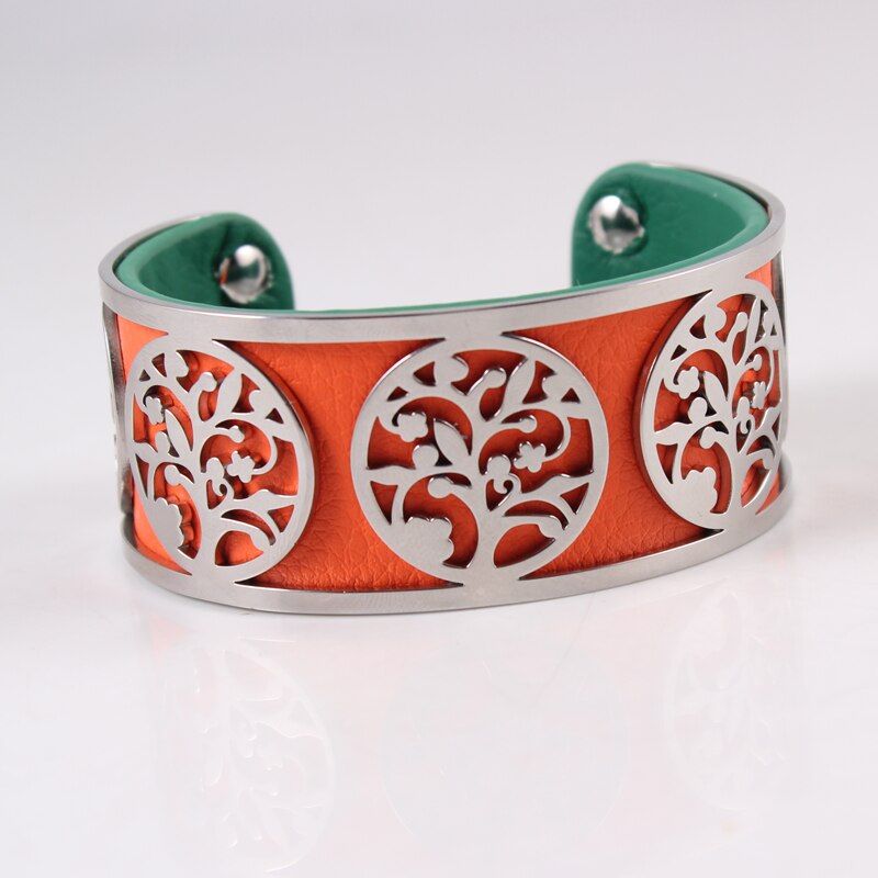 Árvore da vida pulseira de aço inoxidável ajustável georgette bangles intercambiáveis pulseira de couro para presente de jóias femininas