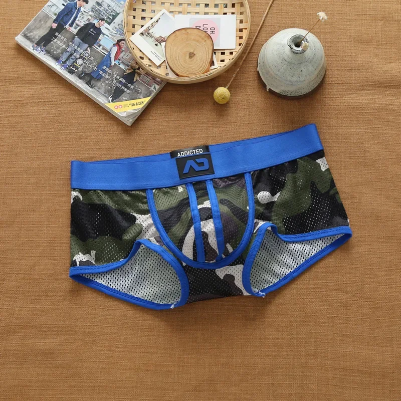 Men's nylon mesh breathable cool Camouflage underwear addicted youth boxer briefs: XXL / Blue