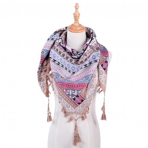 Women Winter Neck Wrap Long Warm Scarf Boho Cotton Ethnic Print Triangle Tassel Shawl neck bandana neck gaiter: Khaki